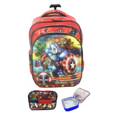 BGC 5 Dimensi Gambar Rubah Rubah Avenger Captain America Iron Man Hulk IMPORT Tas Troley Anak Sekolah SD + Lunch Bag Aluminium Tahan Panas - Black Red Full Motif