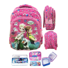 BGC 5 Dimensi Gambar Rubah Rubah Frozen Fever 3 Kantung Tas Ransel Anak SD IMPORT + Lunch Bag Aluminium Tahan Panas + Kotak Pensil Alat Tulis - Full Motif Elsa