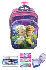 BGC 5 Dimensi Gambar Rubah Rubah Frozen Fever 4 Kantung Timbul IMPORT Tas Troley Anak Sekolah SD + Lunch Bag Aluminium Tahan Panas + Kotak Pensil Alat Tulis - Motif Purple Daun Love