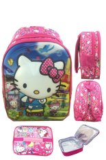 BGC 5 Dimensi Gambar Rubah Rubah Hello Kitty 2 Kantung Timbul IMPORT Tas Ransel Anak Sekolah TK + Lunch Bag Aluminium Tahan Panas - Full Kitty Pink