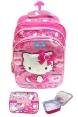 BGC 5 Dimensi Gambar Rubah Rubah Hello Kitty 3 Kantung Timbul IMPORT Tas Troley Anak Sekolah SD + Lunch Bag Aluminium Tahan Panas - Motif Full Kitty Pinky