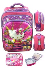 BGC 5 Dimensi Gambar Rubah Rubah Hello Kitty 4 Kantung Timbul IMPORT Tas Ransel Anak Sekolah SD + Lunch Bag Aluminium Tahan Panas - Full Kitty Purple Pink