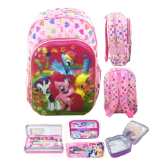 BGC 5 Dimensi Gambar Rubah Rubah My Little Pony 2 Kantung Tas Ransel Anak SD IMPORT + Lunch Bag Aluminium Tahan Panas + Kotak pensil Alat Tulis - Full Motif Pink Love