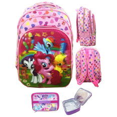 BGC 5 Dimensi Gambar Rubah Rubah My Little Pony 3 Kantung Tas Ransel Anak SD IMPORT + Lunch Bag Aluminium Tahan Panas - Full Motif Pink Love