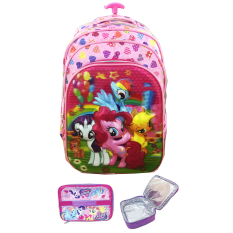 BGC 5 Dimensi Gambar Rubah Rubah My Little Pony 3 Kantung Tas Troley Anak SD IMPORT + Lunch Bag Aluminium Tahan Panas - Full Motif Pink Love