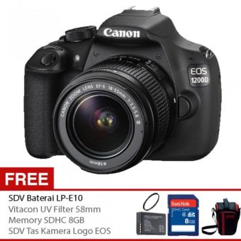 Canon EOS 1200D DSLR 18MP Lens Kit 18-55mm III + Gratis Baterai LP-E10 + UV Filter + Memory 8GB + Tas Kamera EOS  