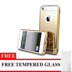 Case iPhone 5/5s Aluminium Bumper With Mirror Backdoor Slide - Gold + Free Tempered Glass