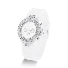Classic Unisex Leisure Rhinestone Silica Gel Watch (White)