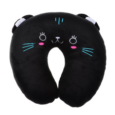 Cute Black Cat Pattern Design Soft Plush U-shaped Neck Pillow Travel Car Home Rest Pillow(Black)