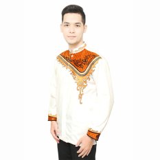 Hansen & Lisa Baju Koko Lengan Panjang Aplikasi Batik Ornament Putih - Coklat