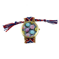Ice cream Pattern National Wind Weaved Bracelet Quartz Watch Women Red+Blue- Intl