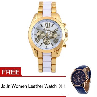 Jo.In Gold Dial Alloy Quartz Full Steel Casual Wrist Watch (White) + FREE Women Leather Watch  