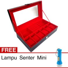 Kualitas Super 3 in 1 Kotak Jam Tangan isi 6 - Kotak Cincin Batu Mulia Permata - Acc - 31x18x8 cm - Hitam-Merah + Gratis Lampu Senter Mini