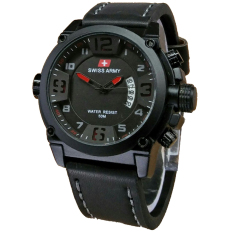 Swiss Army Tanggal SA7169 Jam Tangan Pria Strap Leather Hitam Lis Merah