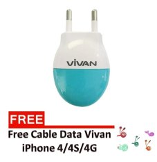 Vivan Travel Charger 1A Power Cube Original Vivan 100% For Android /iOS / iPhone 4 - Biru + Free 1 Kabel Data Vivan Flat iPhone 4