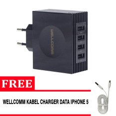 Wellcomm Charger Adaptor 4 Port Real Output 4.2A + Gratis 4 Unit Kabel Charger Data Flat Iphone 5 - Hitam