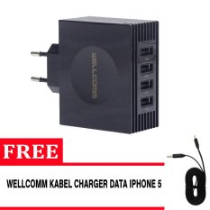 Wellcomm Charger Adaptor 4 Port Real Output 4.2A - Hitam + Gratis 4 Unit Kabel Charger Data Flat Iphone 5