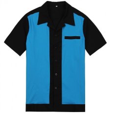 wholesale online mens casual shirts plus size short sleeves cotton vintage bowling shirt button up woven shirts rockabilly shirt(Blue) - INTL