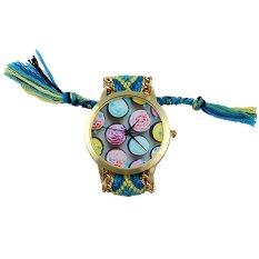 Women Ice cream Pattern Weaved Rope Band Bracelet Quartz Dial Watch Blue+Yellow (Intl)