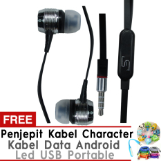Yarden Premium Headset Mega Bass Handsfree - Hitam + Gratis Led USB Portable + Penjepit Kabel + Android Cable Data