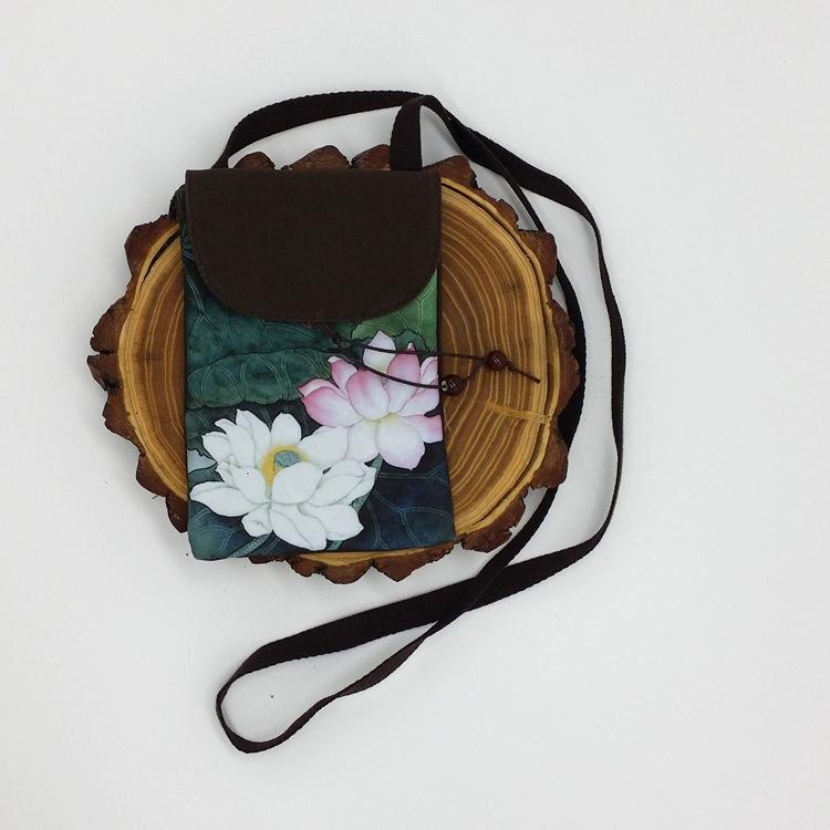 Gaya Oriental Retro Kain Linen Cetak Rajut Tas Wanita Tas HP (Ganda Daun Teratai)