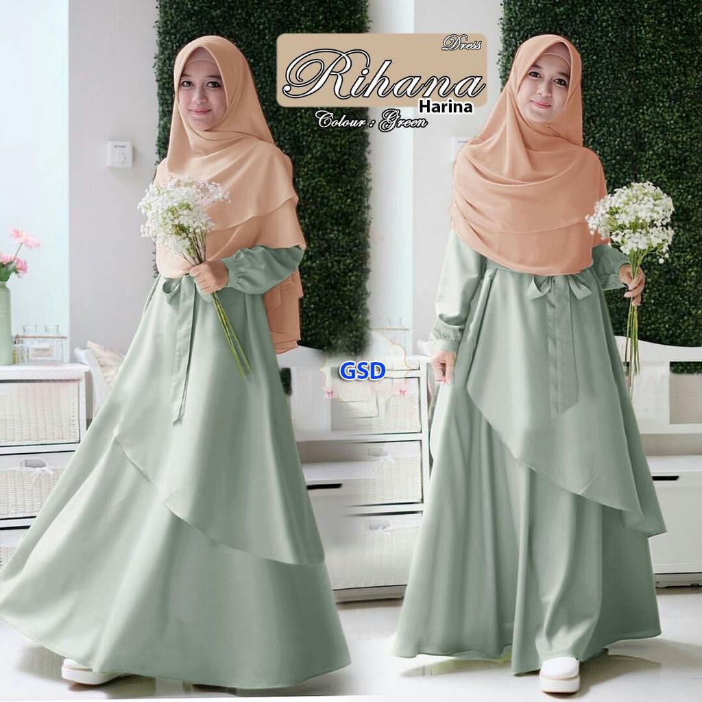 dress muslim wanita casual/gamis polos syari wanita/baju kurung pesta/maxi rihana (rihana green)