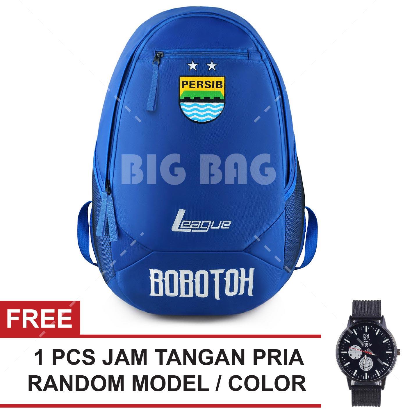 Tas Ransel Bola Pria Persib Bandung League Bobotoh Mens Soccer Editions Tas Laptop Backpack - Blue + Raincover + FREE Jam Tangan Pria Random Color / Model