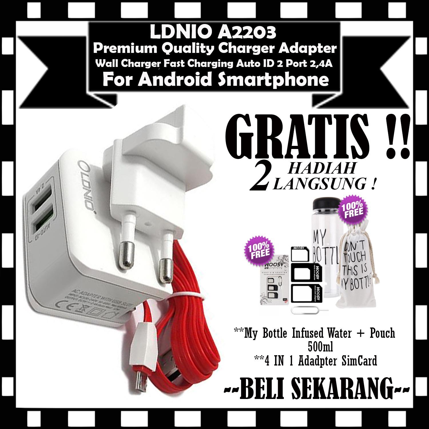 LDNIO Premium Quality Charger Adapter / Wall Charger Fast Charging Auto ID 2 Port 2.4A ( Plus Cable Data Micro Usb ) - GRATIS My Bottle Botol Air Mineral 500ml & 4 In 1 Adadpter Simcard