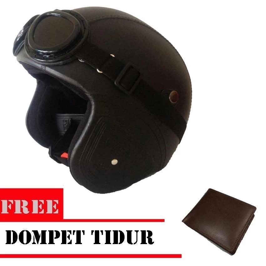 Helm Retro Vespa Clasic Kulit Full synthetic - Clasic Kaca mata Remaja / Dewasa ( Helm Retro + Kaca mata - Free Dompet Tidur - Coklat