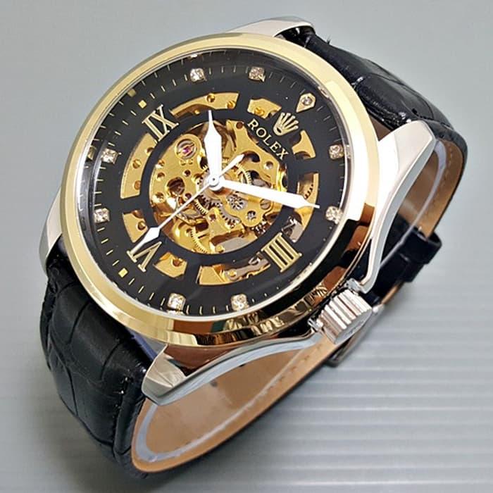 Jam Tangan Pria / Cowok Rolex Kulit Automatic Skeleton Big Size Romawi Black Gold / Jam Tangan Hight Quality / Jam Tangan Terlaris / Jam Tangan Impor / Jam Tangan Unik
