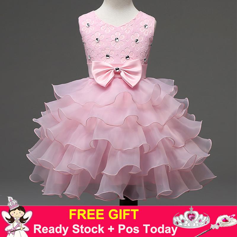 Kids Girls Party Wedding Princess Formal Ball Gown Flower Sequin Diamond Layer Tutu Dress (Pink) - intl