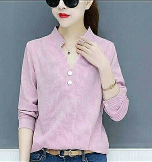 UC Kemeja Wanita Garis Molly/ Hem Blouse Polos Cewek / Baju Fashion Bangkok / Blus Korean Style / Top Atasan Wanita / Baju Katun NR (nghaisa ttonbu) - PINK D2C