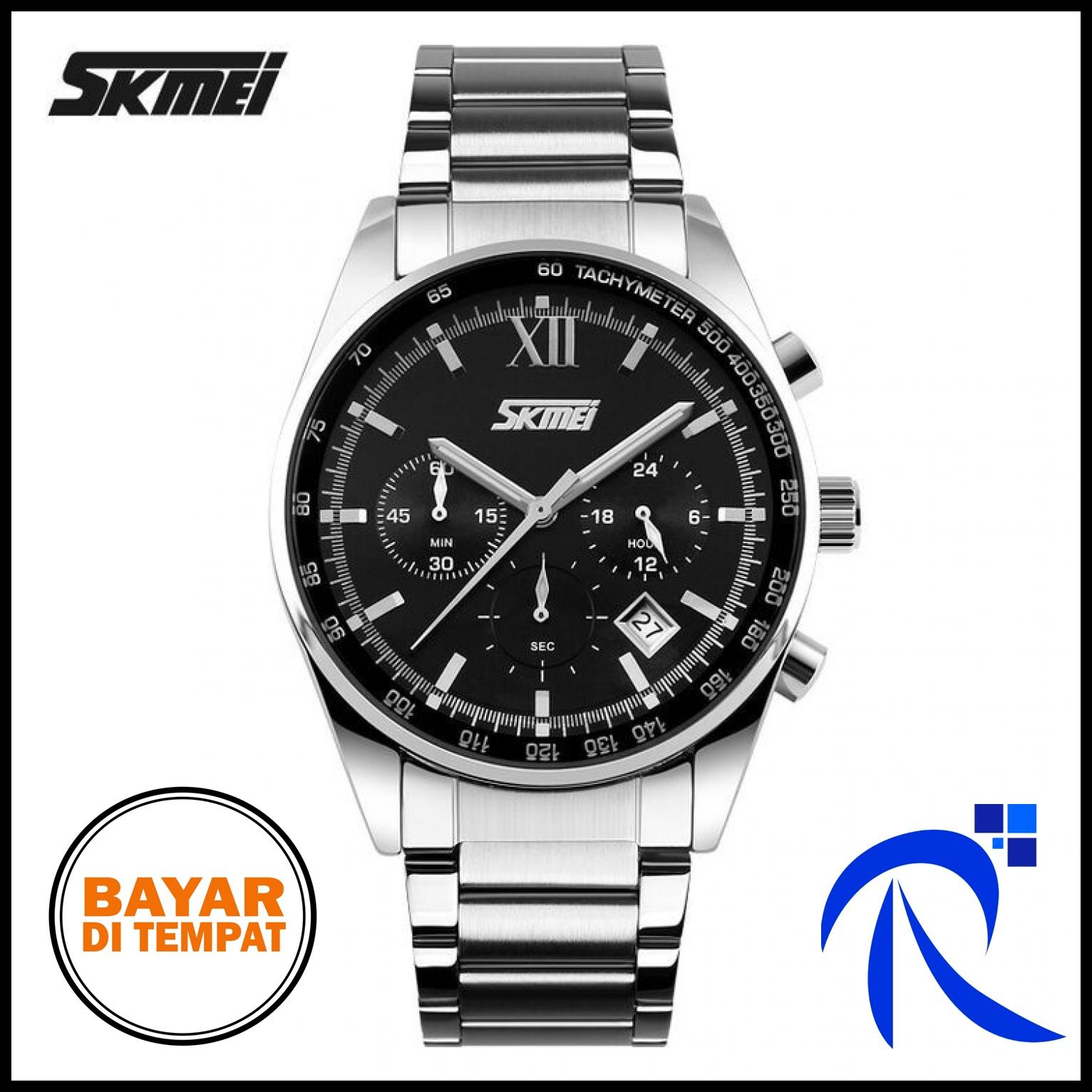 Skmei Casual Men Stainless Strap Watch Water Resistant 30m - 9096CS Black Hitam / Blue Biru / White Putih - Jam Tangan Pria Lelaki Laki-Laki Cowo Cowok Man Anti Air Waterproof 30 M Meter Original FREE ONGKIR