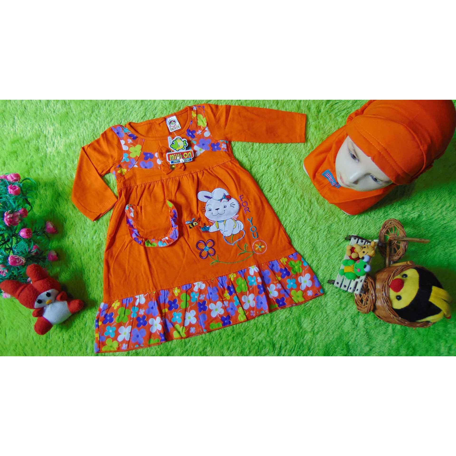 kembarshop - PLUS JILBAB baju muslim gamis anak bayi newborn cewek perempuan 0-12bulan bunga orange motif random