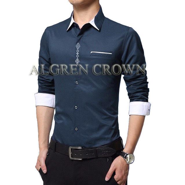 Algren Baju Hem Kemeja Pria Crown lengan panjang - Biru Navy / Slim fit / Casual / Polos / Kerja / Kantor / Katun / Kem Tangan Panjang Cowo / Atasan Cowok / Pakaian Laki laki Dewasa Slimfit
