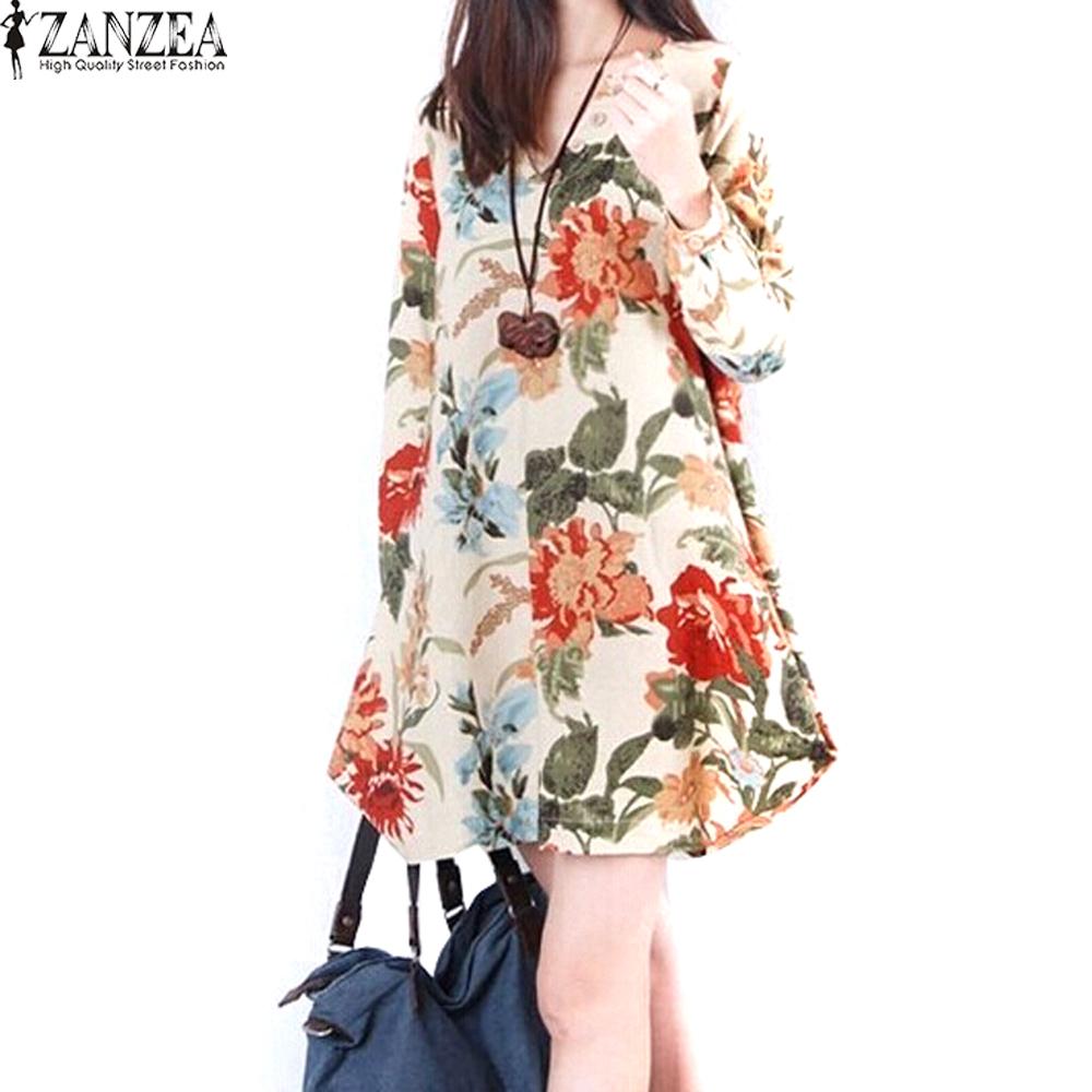 Zanzea Baru Linen Lengan Baju Seksi Wanita Bunga Panjang V-leher Bang Pendek mini Gaun Lucu Yang Dapat Membuat Orang Yang Melihatnya Tertawa Terbahak-bahak atau Justru Kesal Karena Merasa Aprikot-Internasional