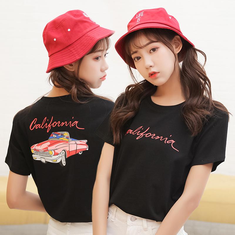 Feminim Baju Lengan Sesiku Kaos Huruf Kartun Dicetak (Hitam)