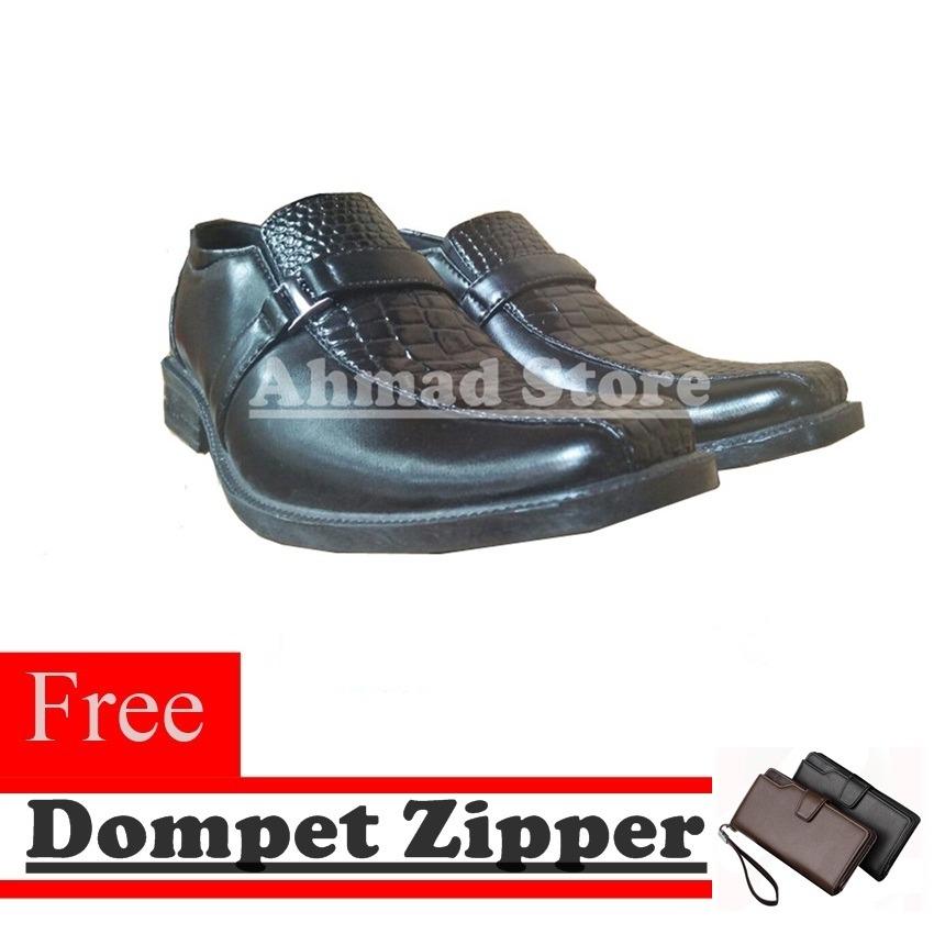 Sepatu Kulit Pria Pantofel Formal Kerja Kantor Kombinasi Kulit Buaya Model Slempang Free Dompet Zipper - Hitam