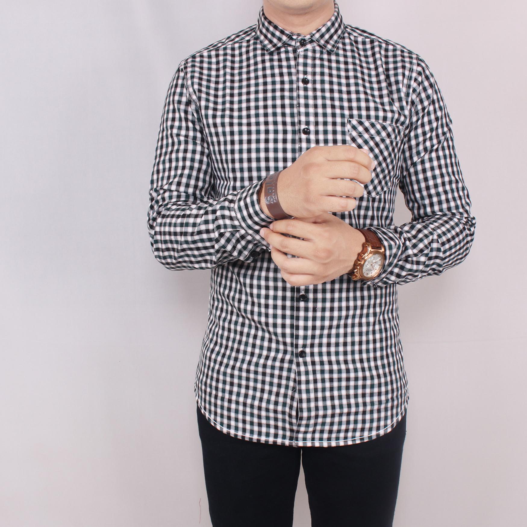 Zoeystore 5673 Kemeja Flanel Pria Lengan Panjang Exclusive Baju Kemeja Flannel Cowok Kerja Kantoran Formal Cream Hijau