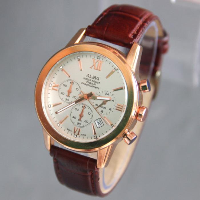 Jam Tangan Pria / Cowok Alba Chrono SK580 Leather Brown Kombi Rosegold