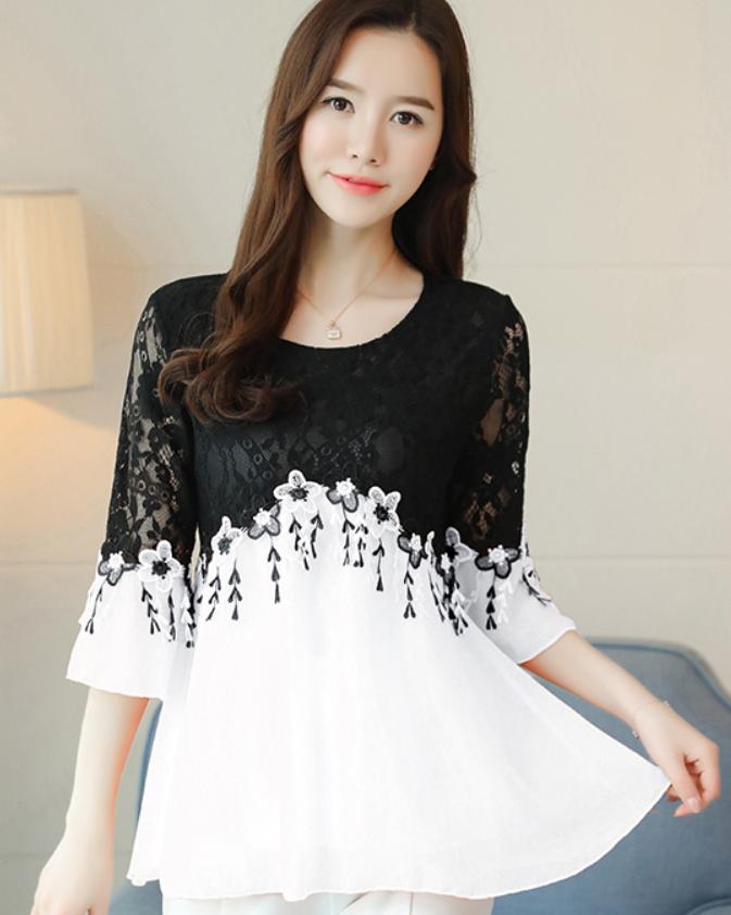 Baru Korea Wanita Ukuran Besar Tipis Renda Kemeja Sifon Kemeja (Merah Muda)