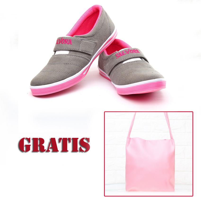 Salvora Salvora sepatu wanita / sepatu wanita murah / sepatu wanita flat / sepatu cewek / sepatu casual wanita / sepatu kasual wanita / sepatu wanita model terbaru / sepatu wanita termurah / sepatu wanita kanvas SVR abu/pink GRATIS tas SV36 pink