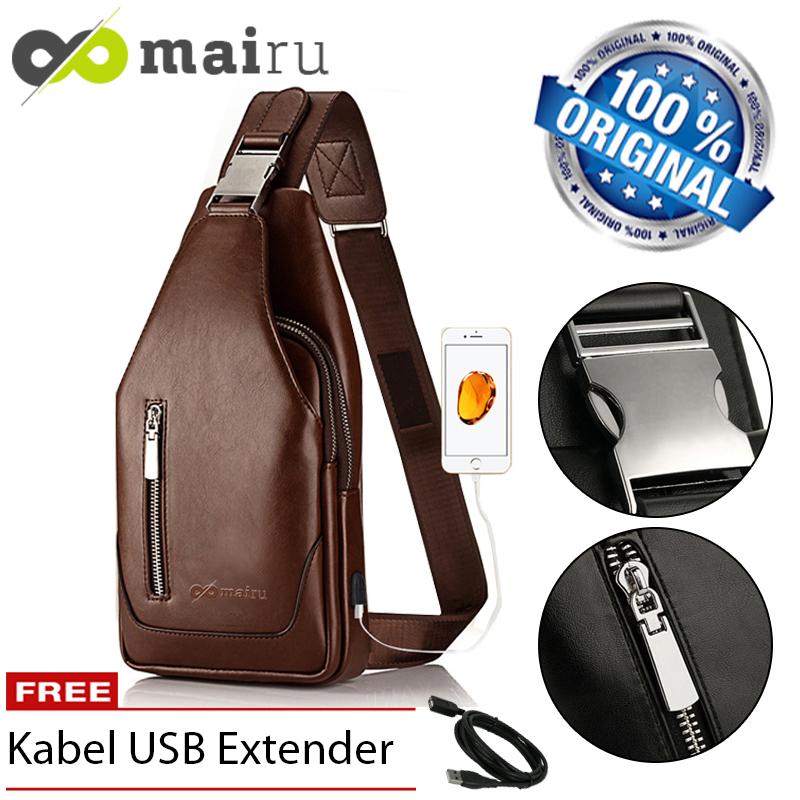 Mairu SB-L -V2 Tas Selempang Kulit Pria Polos Messenger Leather Sling Bag Import With USB Charger Support For Iphone Ipad Mini Xiaomi Samsung Tab Anti Maling