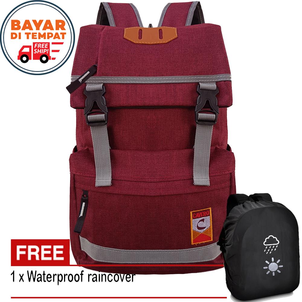 Free Shipping - Cavero C0301-18 Tas Pria Tas Ransel Pria Tas Wanita Tas Ransel Wanita Tas Laptop Tas Punggung Tas Gemblok Tas Korea Tas Ransel Korea Tas Notebook Size 17 Inchi Material Kanvas Original - Red + Raincover