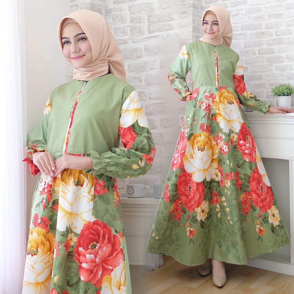 Flavia Store Maxi Dress Lengan Panjang Busui Katun Jepang Motif FS0610 - HIJAU / Gamis Syari Kasual / Gaun Muslimah Casual / Baju Muslim Wanita Syar'i / Hijab / Nialea