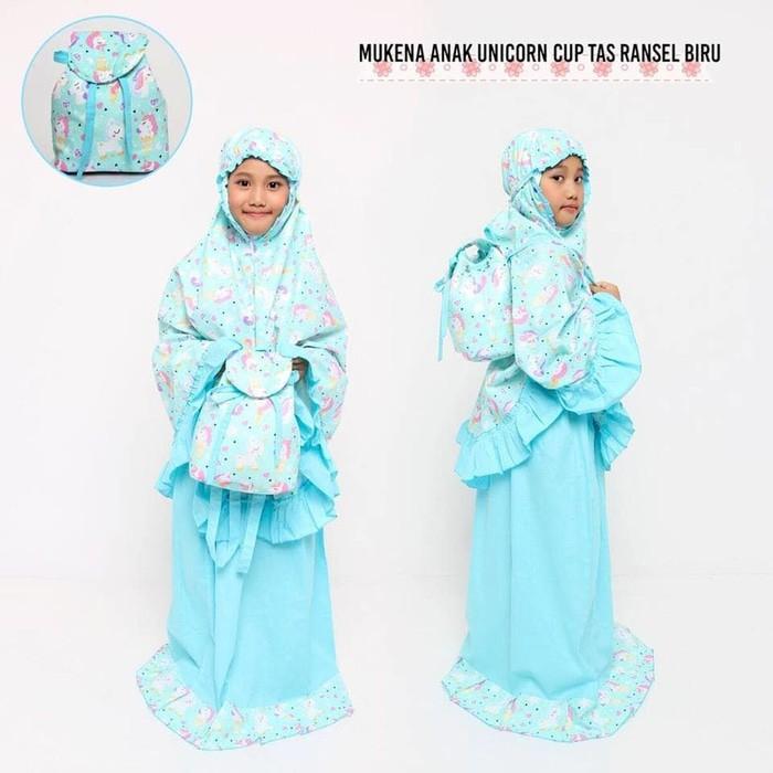 GROSIR MUKENA MANIS # MUKENA ANAK KARAKTER UNICORN CUP BIRU TAS RANSEL XS-XXL (S)