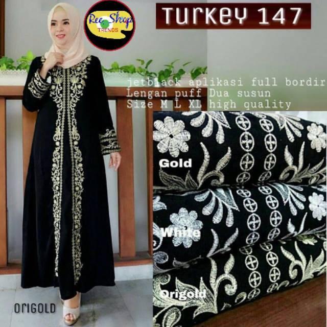 147 Abaya Arab Turkey Jubah India Umroh Haji Gamis Jalabiya Mesir Baju Pengajian Hitam Cantik Murah (Gold XL)