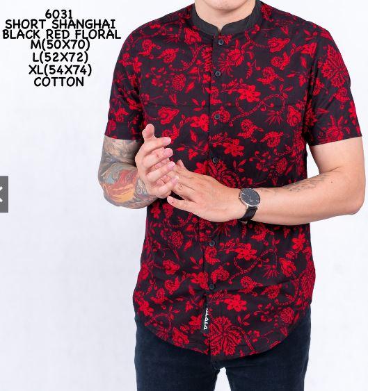 Freypv 6031 Short Shanghai Black Red Floral M-XL Kemeja Batik