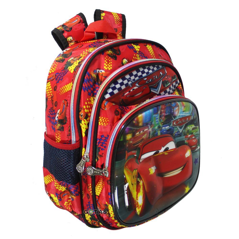 Tas Ransel Sekolah Anak TK Cars 5D Timbul Hologram 3 Kantong Merah Full Motif
