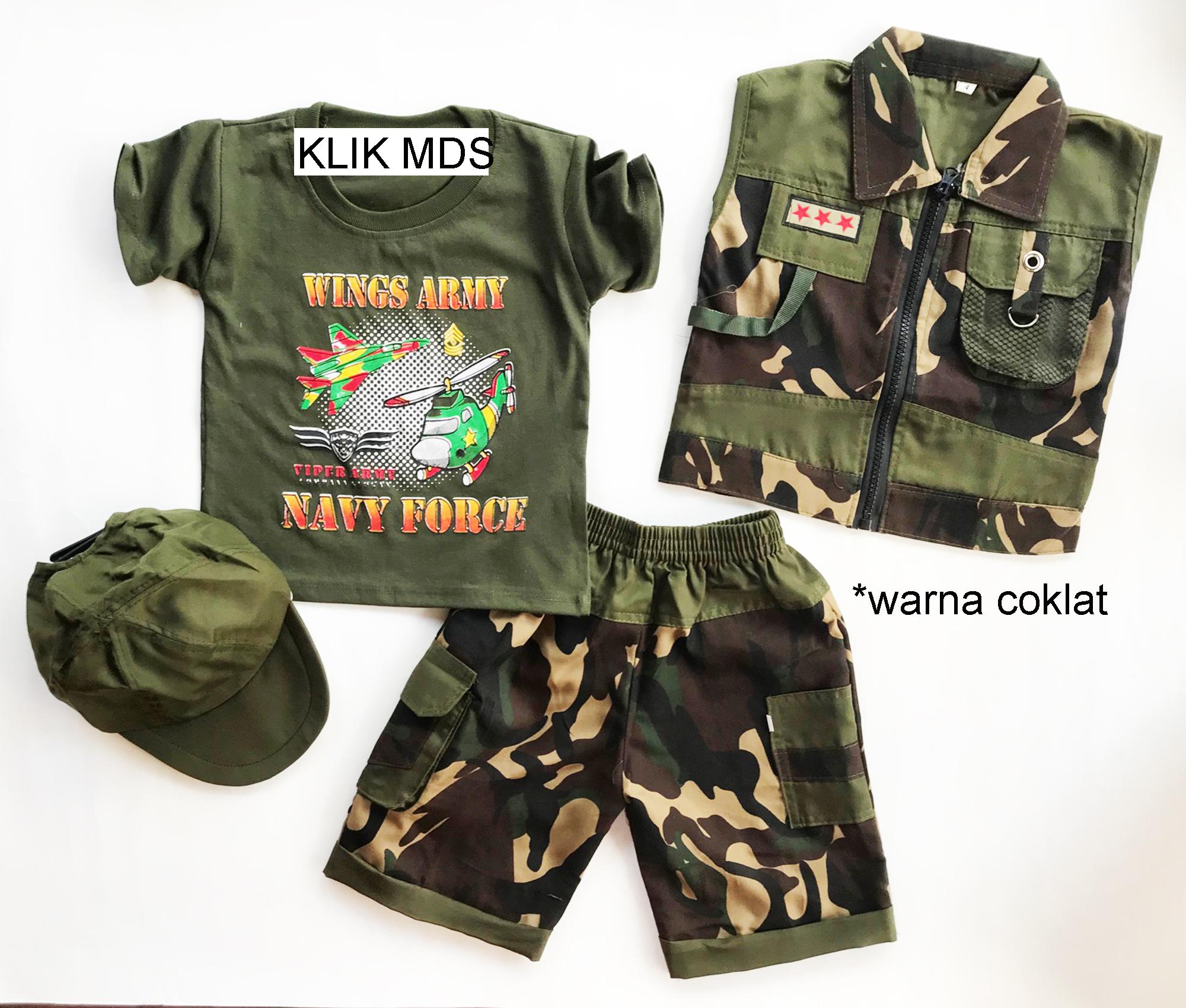 Klik Mds Baju Setelan Anak Lelaki Motif Army Bintang Tiga 4pc in 1 isi Kaos, Rompi, Celana dan Topi